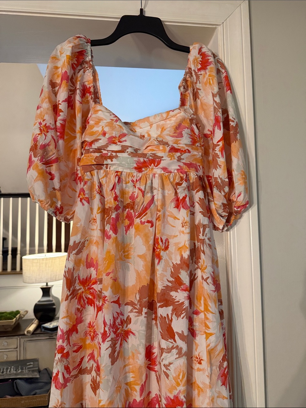Abercrombie & Fitch Floral Puff-Sleeve Dress in Peach, Coral & Yellow